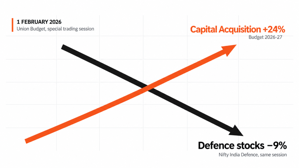 Capital acquisition rose 24% in Budget 2026-27 while defence stocks fell 9% the same session