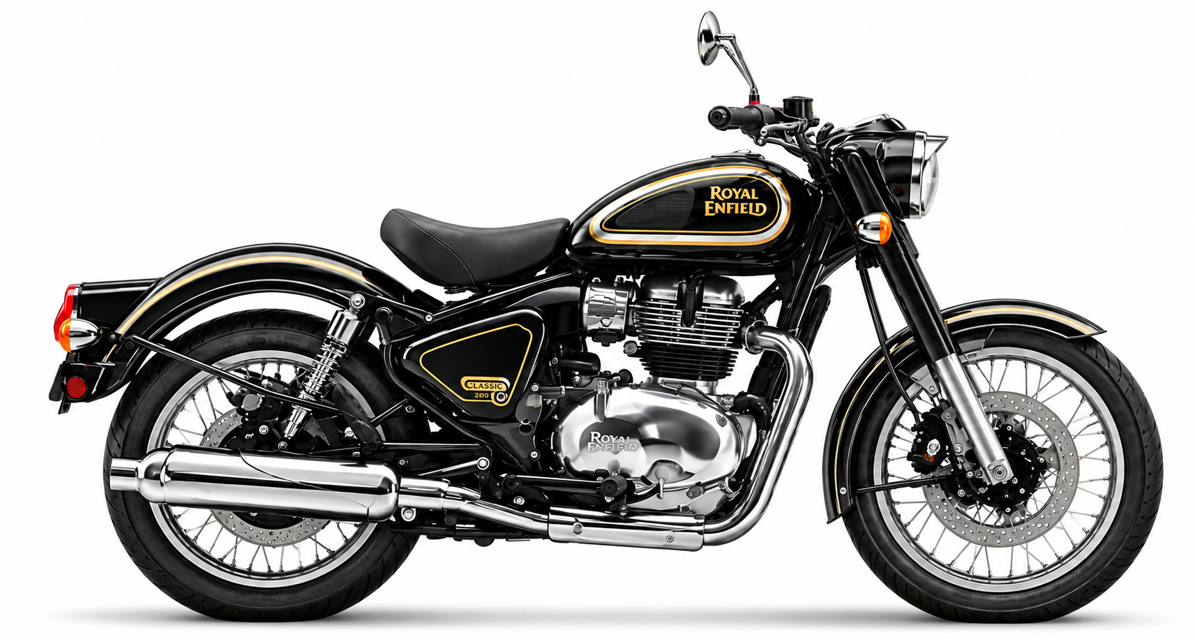 Royal Enfield Classic 350 in black with gold pinstriping and chrome exhaust, the product behind the Eicher Motors share price rise
